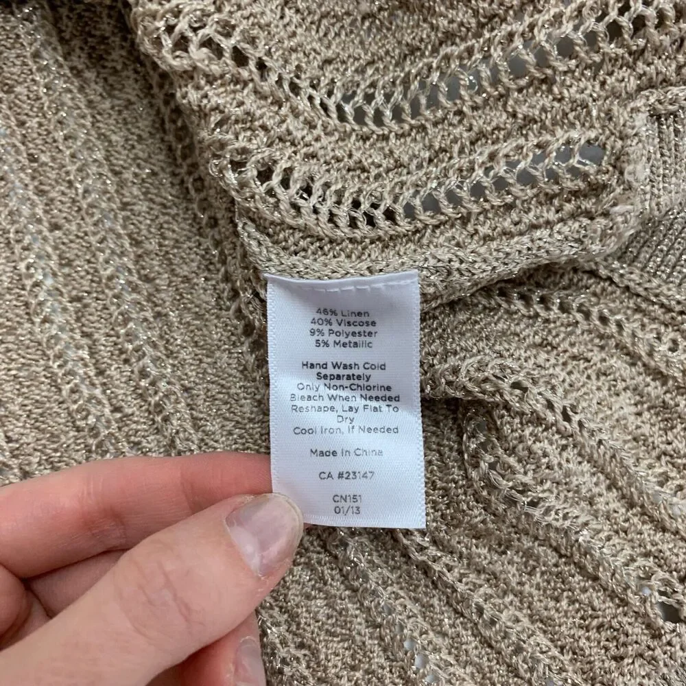 Talbots Sweater Womens XLP Gold Petite Linen Metallic Blend Open Knit Pullover
